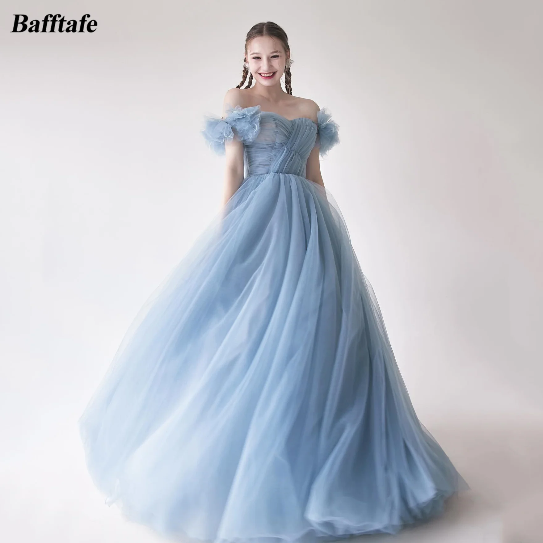 Bafftafe Pravljice Prašnih Modra Til Prom Obleke Koreja Gospa Ljubica Off Ramo Pleat Večerne Poroka Photoshoot Stranka