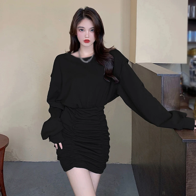 Dolg Rokav Paket Hip Obleka Ženske Jesen Pomlad Moda Korejska Različica Naguban Slim Design Vse-Tekmo Seksi Krog Vratu